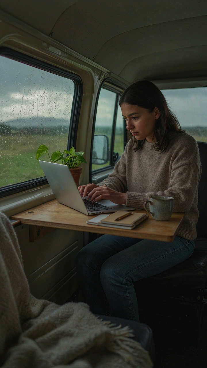 A person works at a desk near a window, with rain visible outside a van.