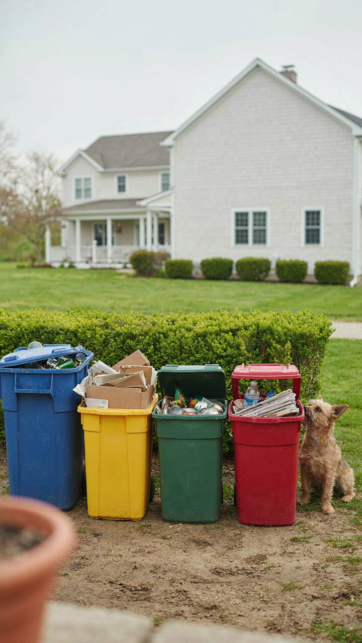 Neatly separated recycling bins are full of glass, plastic, and paper.