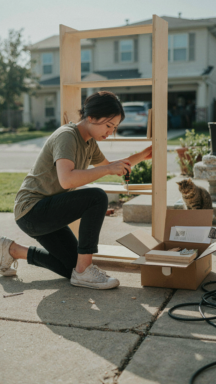 A person quickly assembles flat-pack furniture outside with minimal steps.