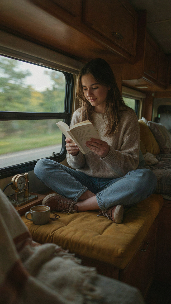 A person sits comfortably on a high-density foam cushion in a moving RV.