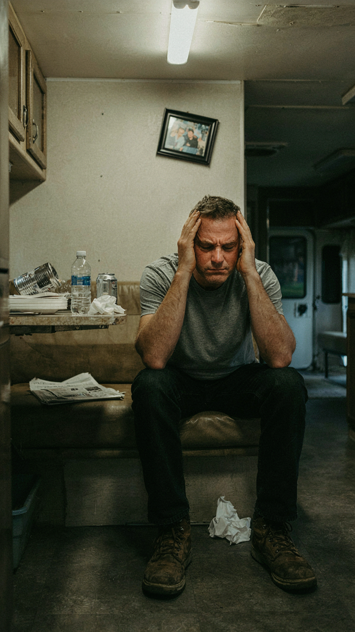 A person squints and rubs their temples in a dimly lit, cluttered RV.