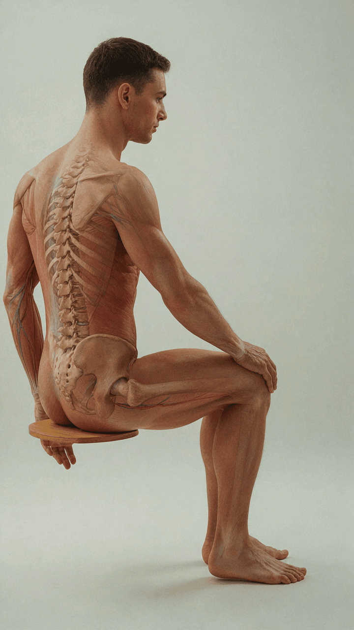 A detailed drawing of a human spine and pelvis for ergonomic design.