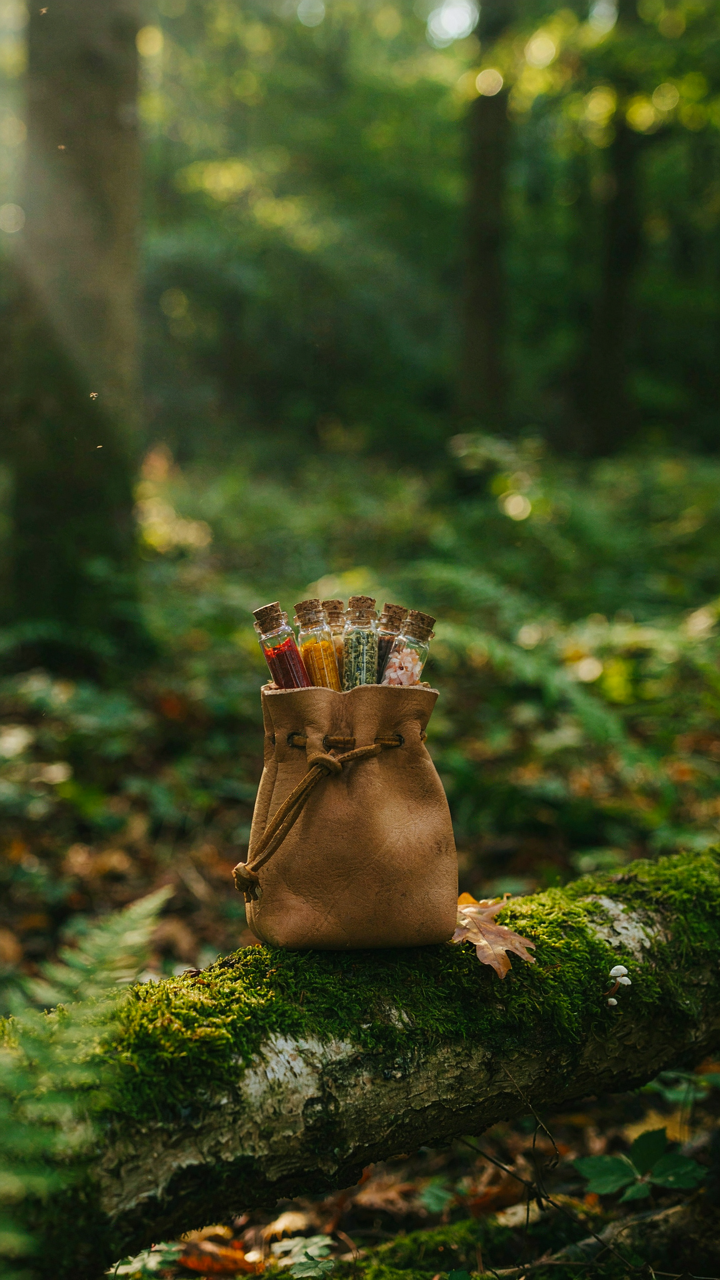 A small leather pouch holds eight essential spices on a mossy log.
