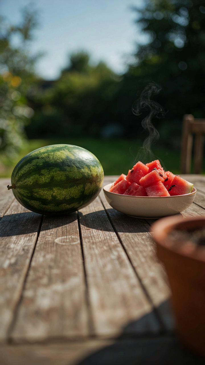 A whole watermelon sits next to a bowl of cubed watermelon pieces.