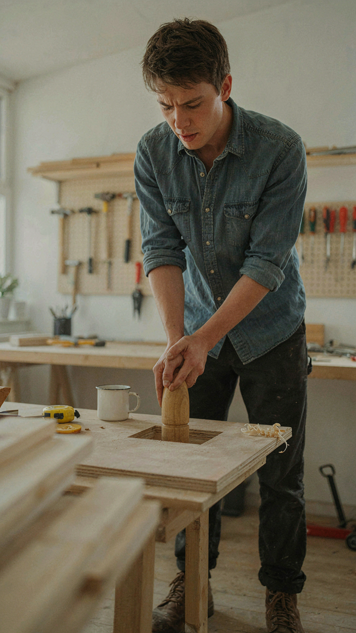 A person struggles to fit a round peg into a square hole, showing a bad storage system.