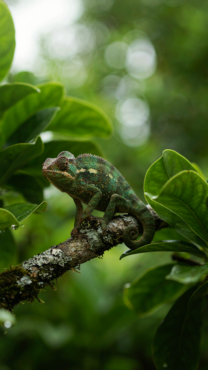 A chameleon blends perfectly into its leafy natural environment.