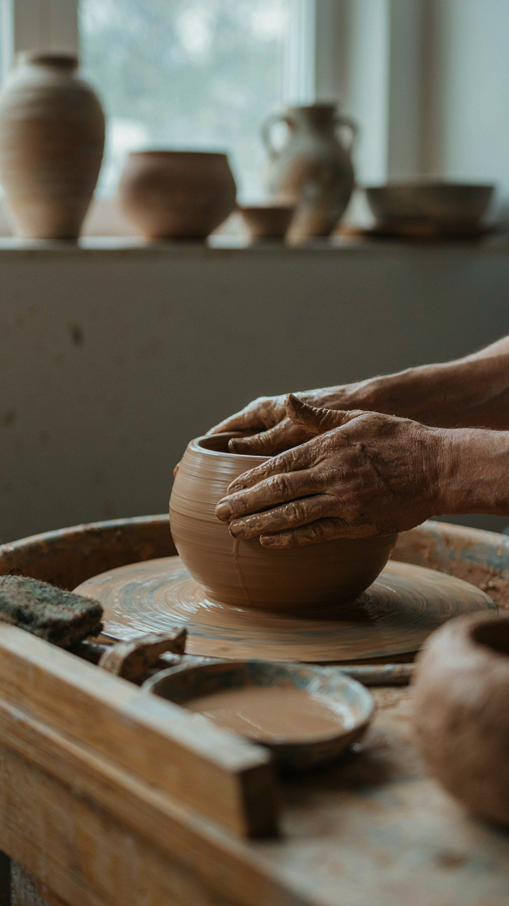 A potter's hands shape and refine a clay pot on a spinning wheel.