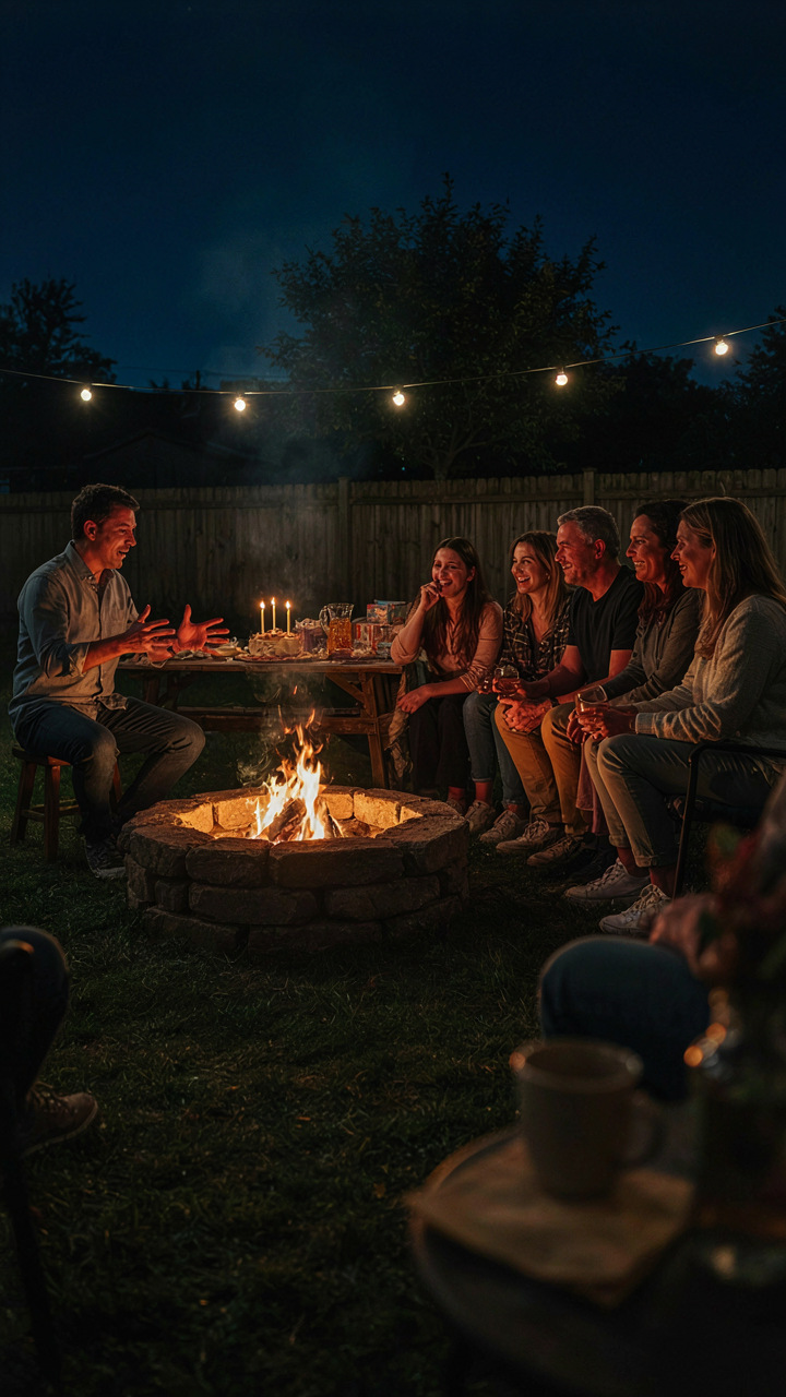 Adults gathered around a fire pit, listening intently to a storyteller.