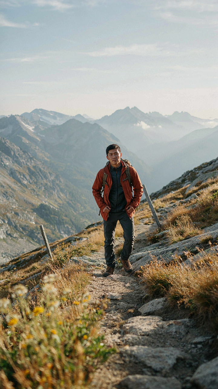 A hiker confidently steps over rocks on a mountain trail.