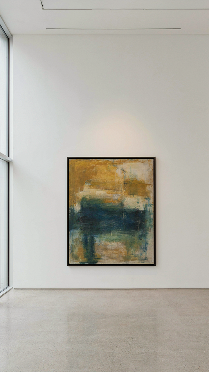 A single painting hangs on a large, empty gallery wall.