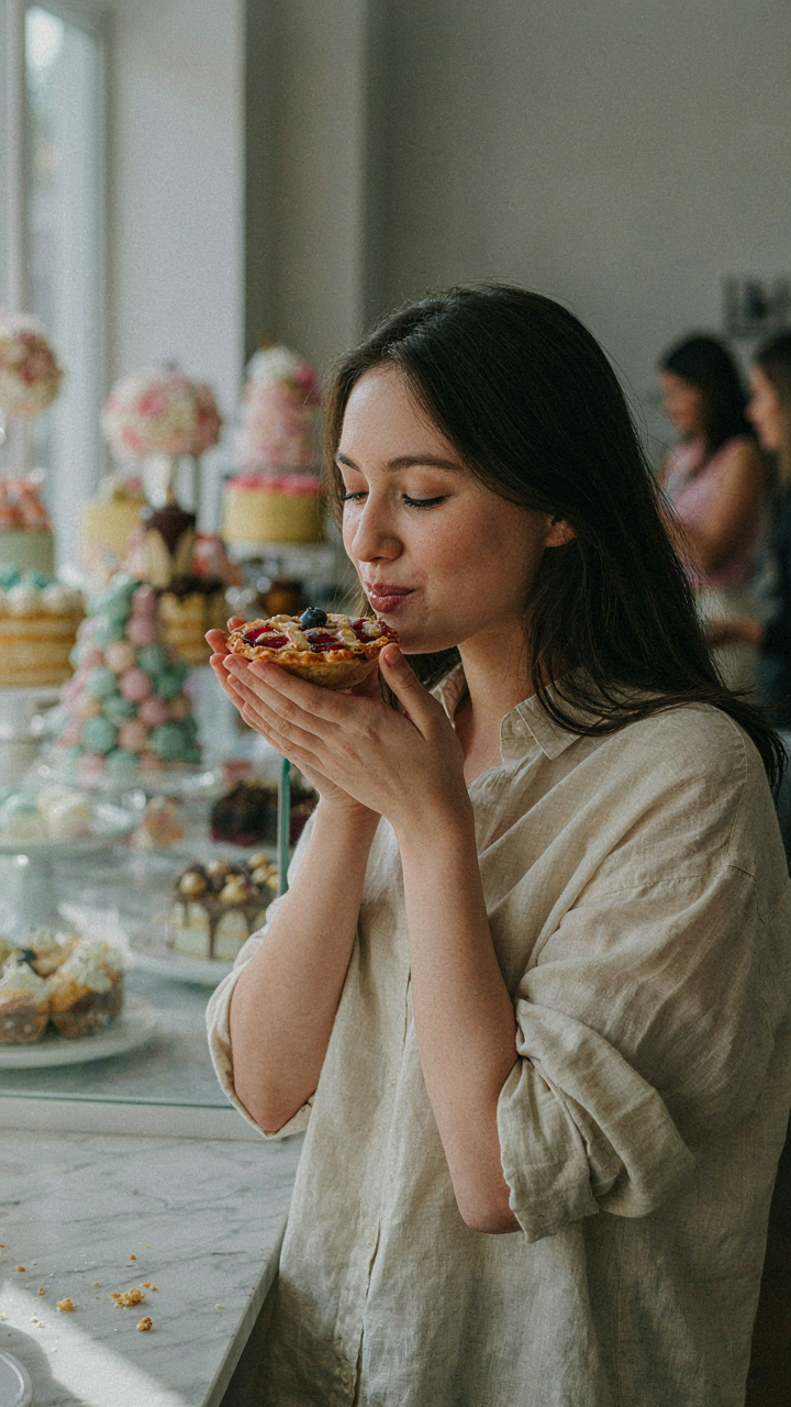 A person enjoys a bite of a delicious, rustic miniature fruit pie.