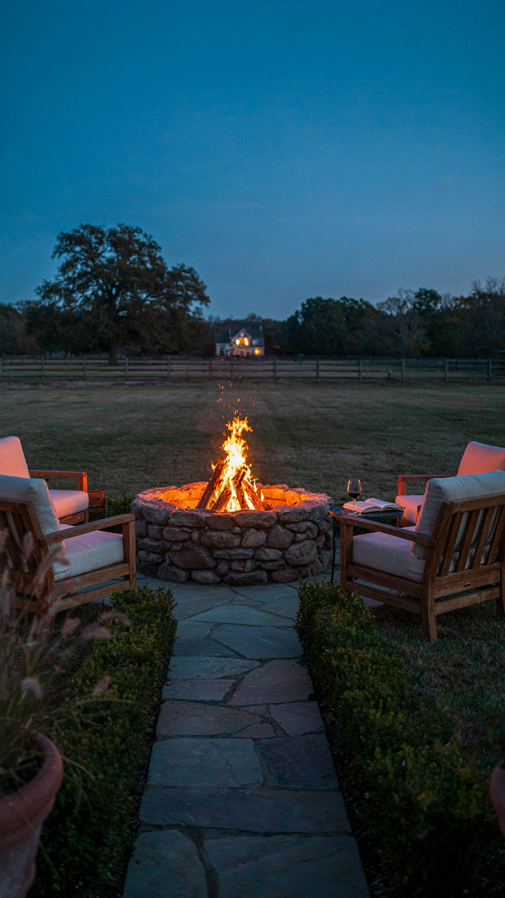 A fire pit burning brightly, surrounded by chairs with clear pathways.