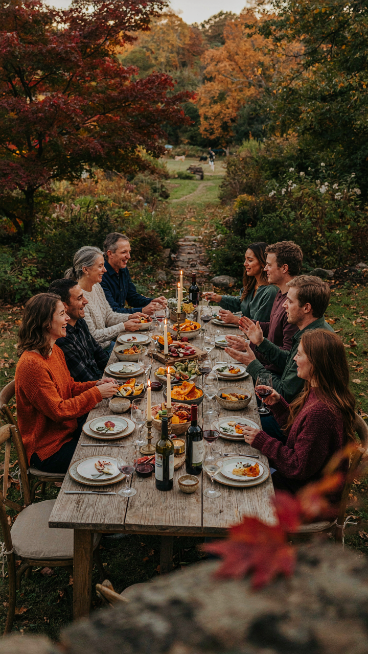 Guests enjoy a fall outdoor dinner party, laughing and conversing around a table.