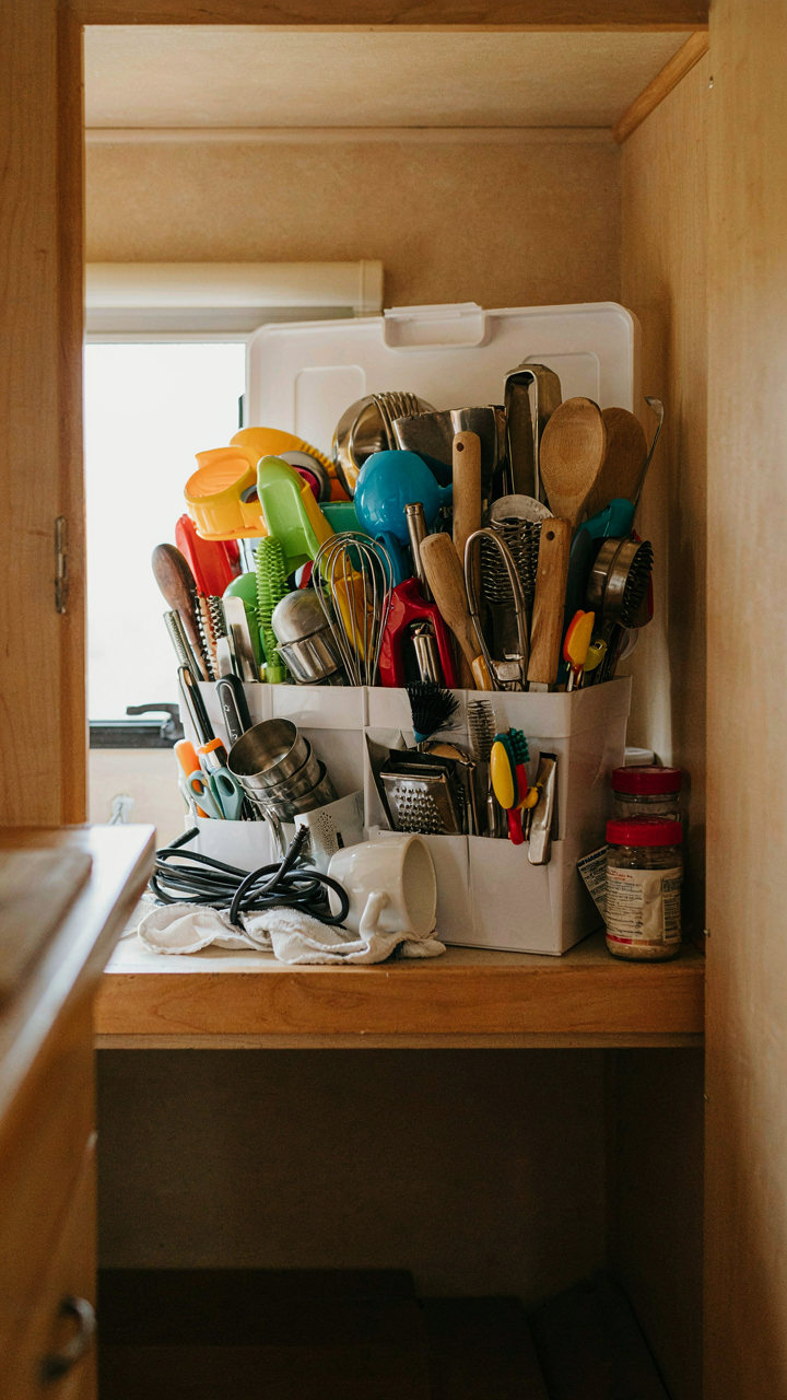 A small organizer bin overflows with unused kitchen gadgets in a cupboard.