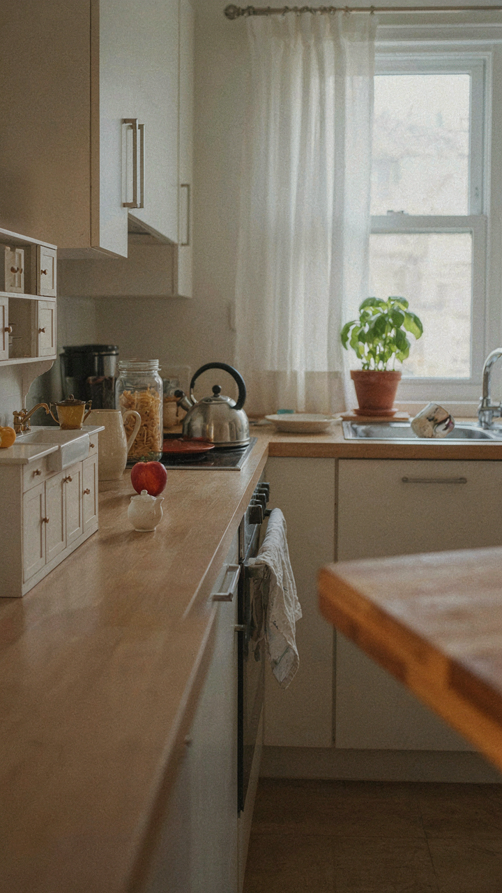 A tiny dollhouse kitchen sits next to a large, cluttered home kitchen.