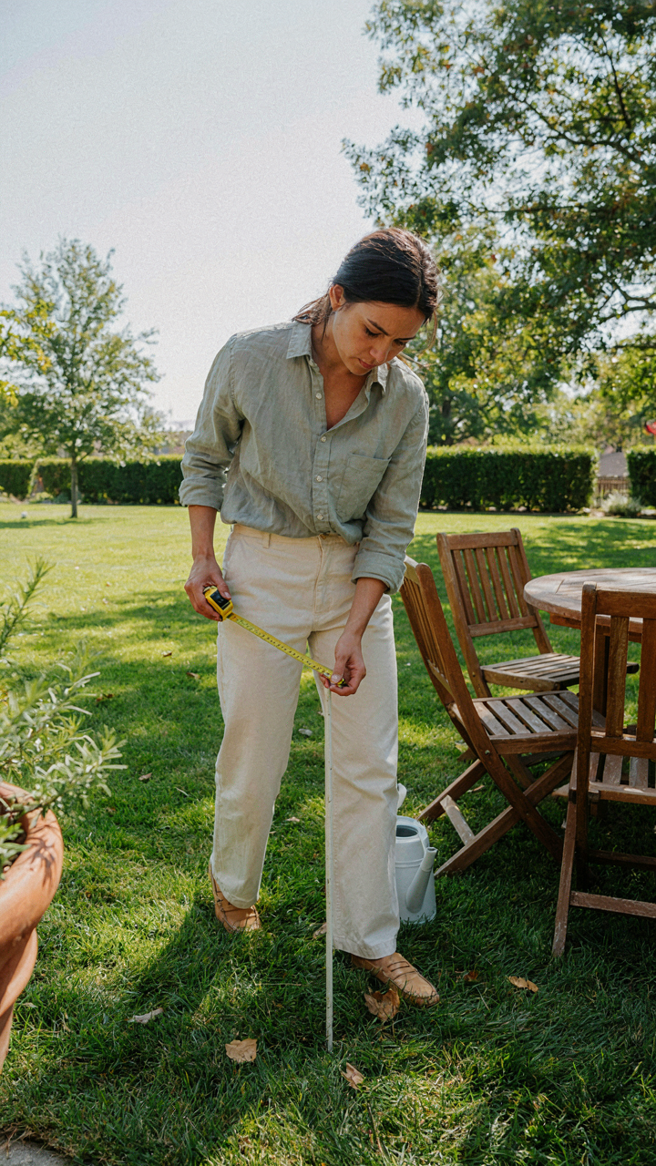 A person measuring their backyard with a tape measure to check available space.