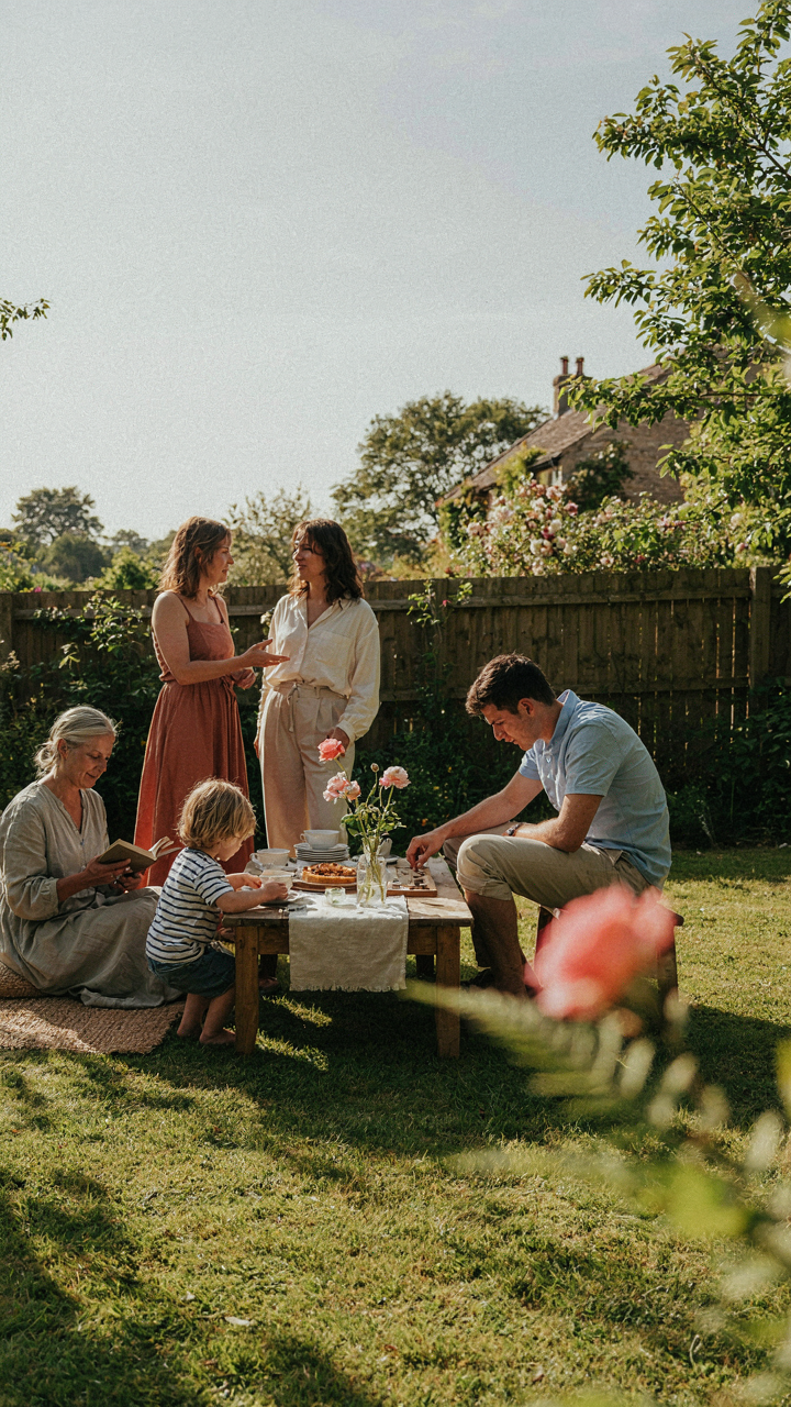Guests relax and talk at a calm garden party.
