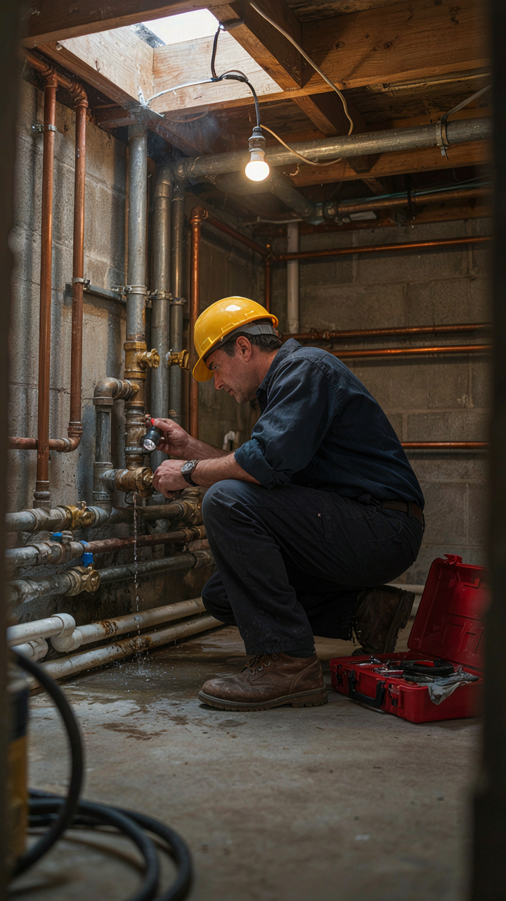 A person looks at a leaky pipe in a complex plumbing system.