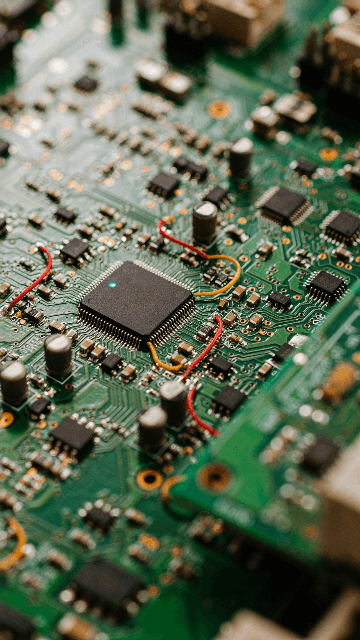 A complex electronic circuit board with glowing indicators.