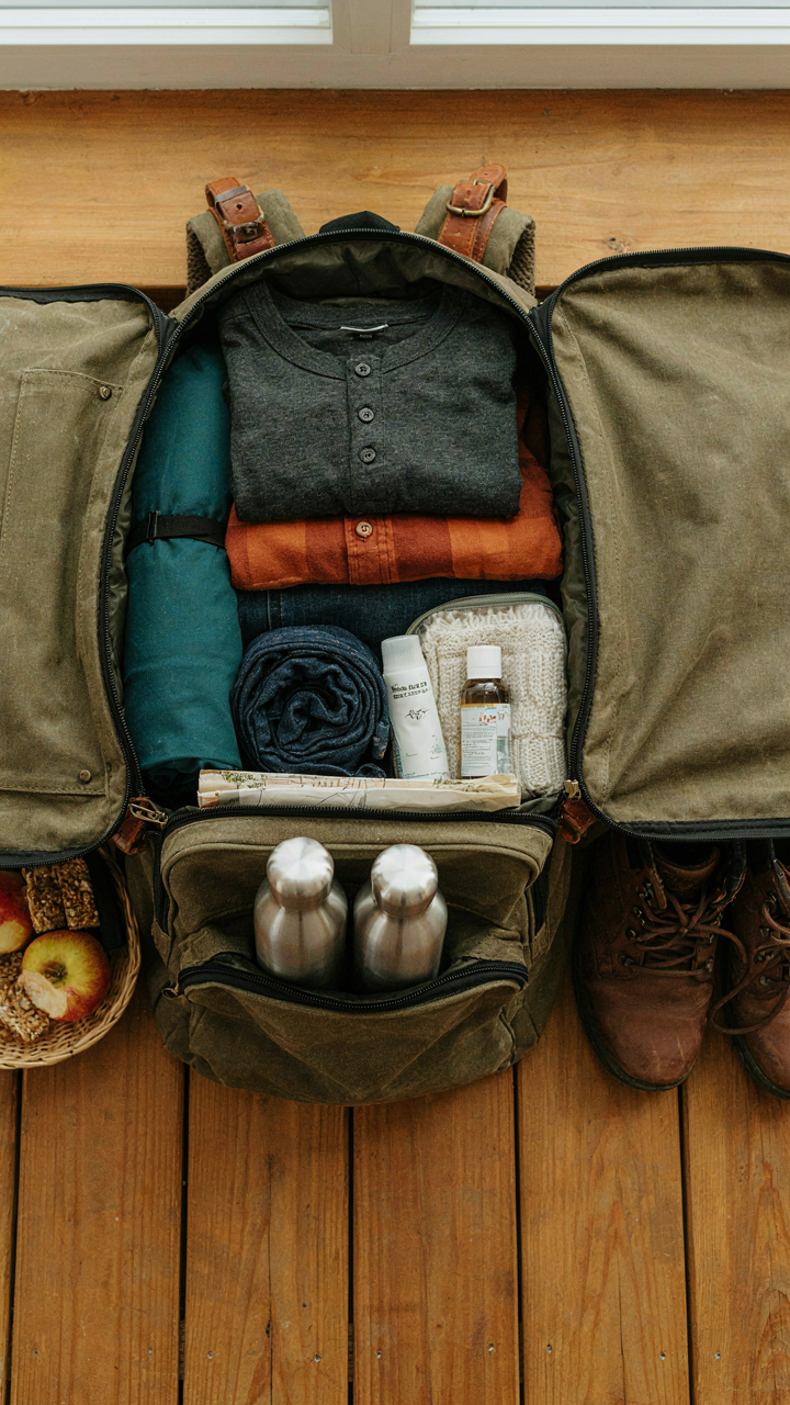 A neatly packed backpack with camping items.