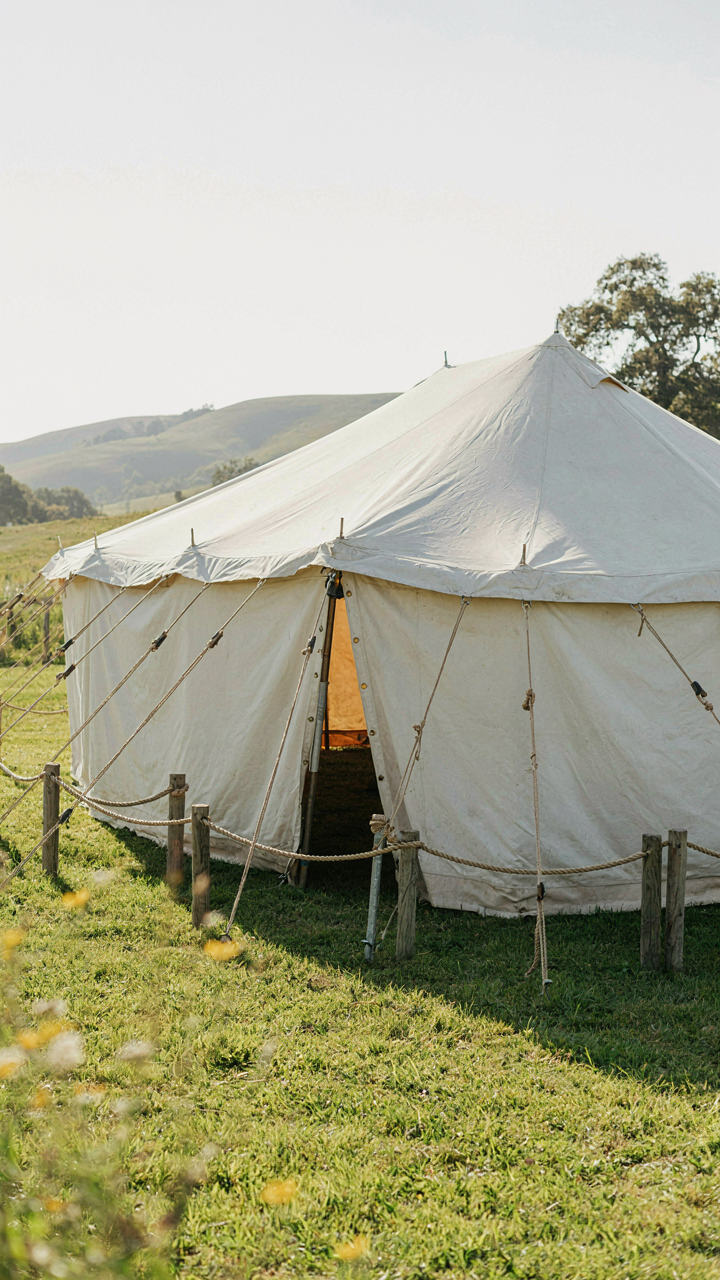A secured festival tent with strong ropes and a lock.