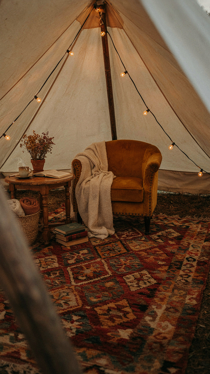 A cozy, personalized festival tent area with a rug and lights.