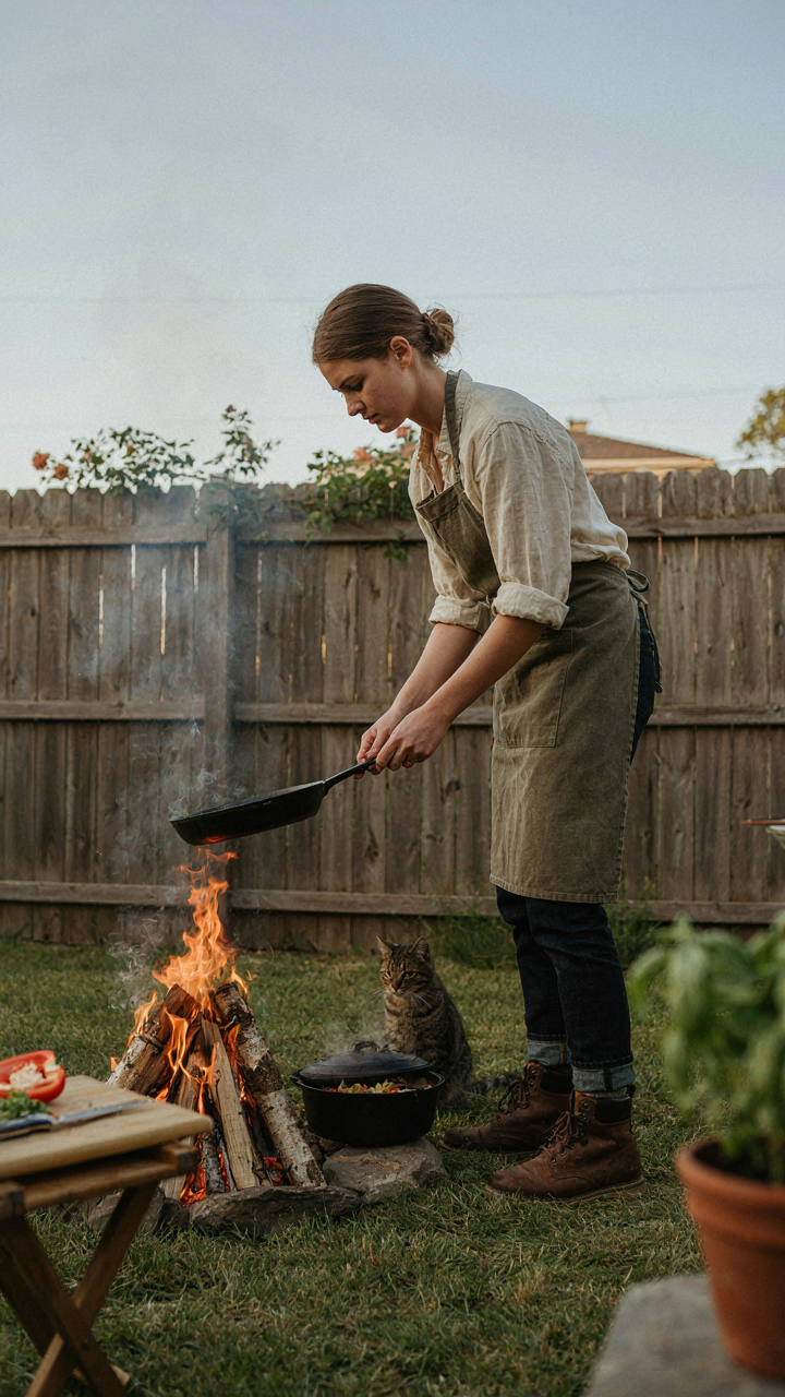 A person carefully cooks over a small campfire in a backyard.