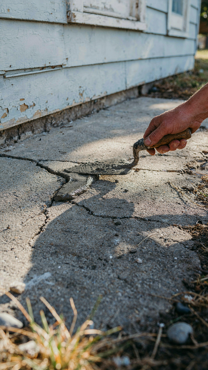 A hand tries to patch a cracked foundation with cement, as more cracks spread.