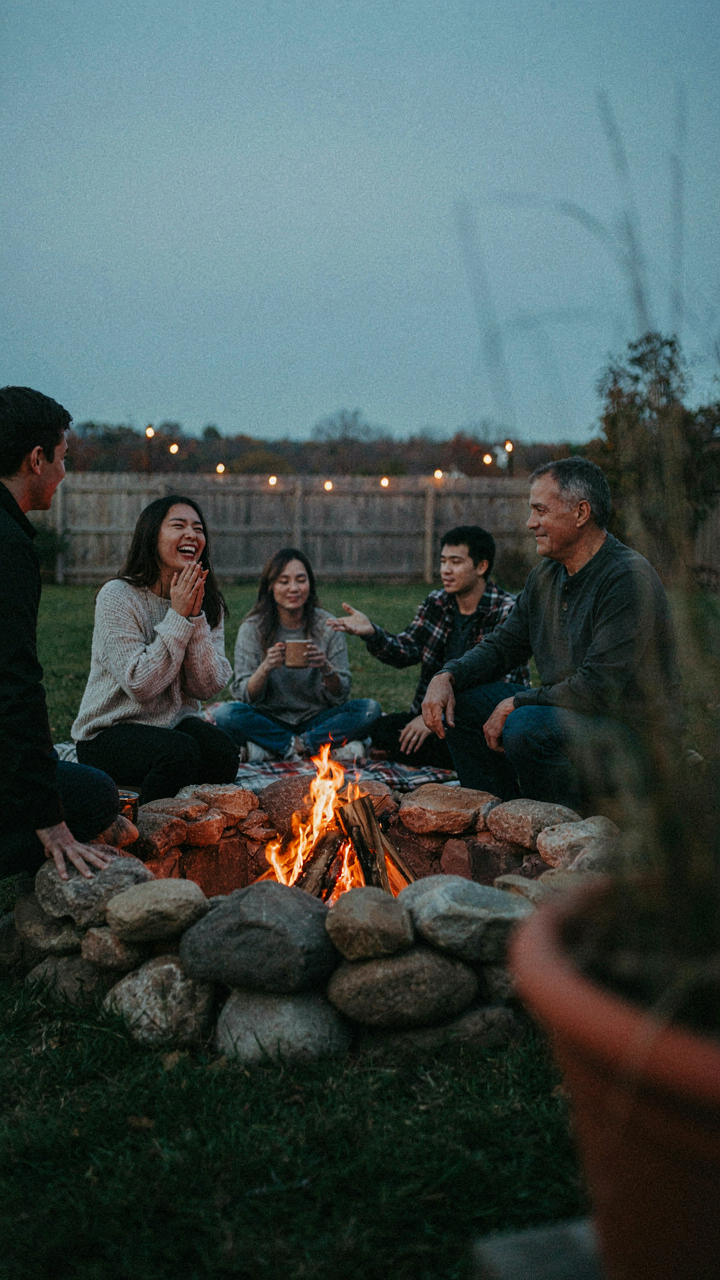 A group around a fire pit shows active group dynamics.
