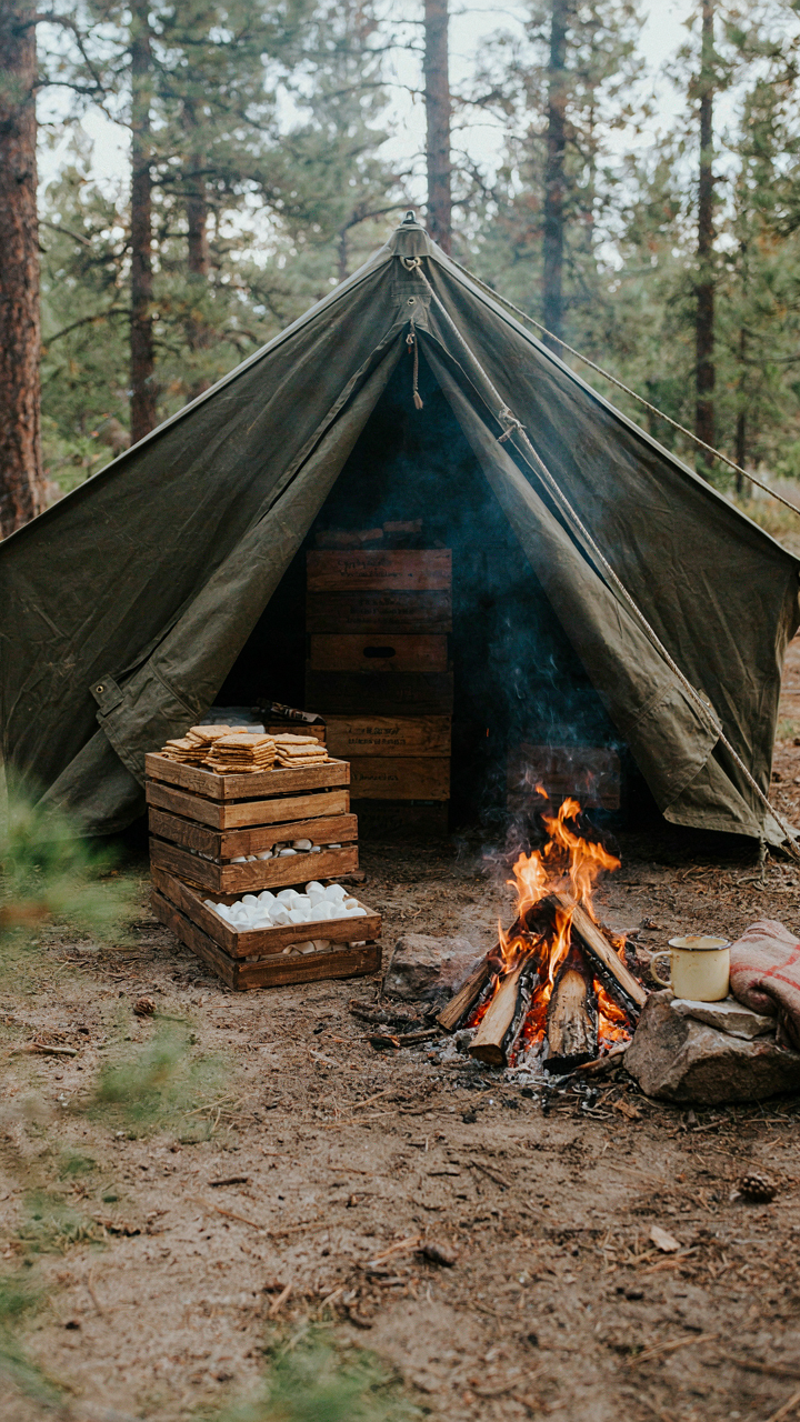Military supplies of s'mores ingredients are ready near a campfire.