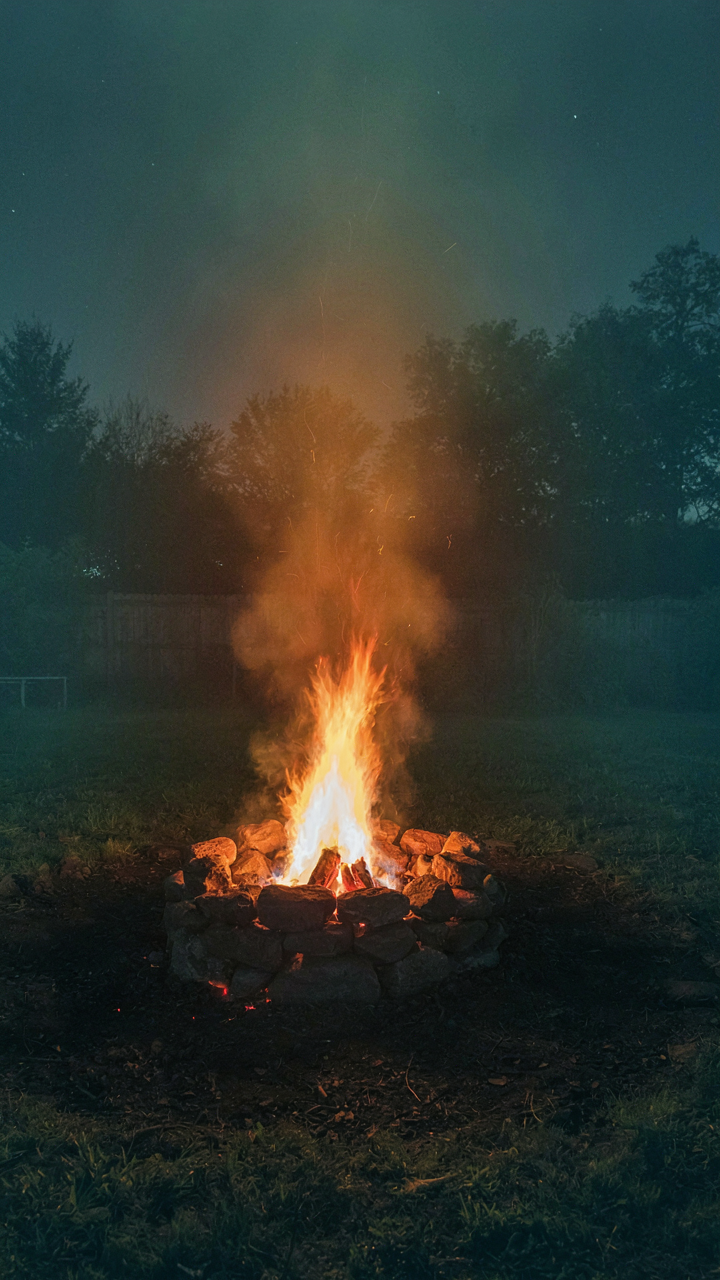 A thermal image shows heat radiating in a dome pattern from a small fire pit.