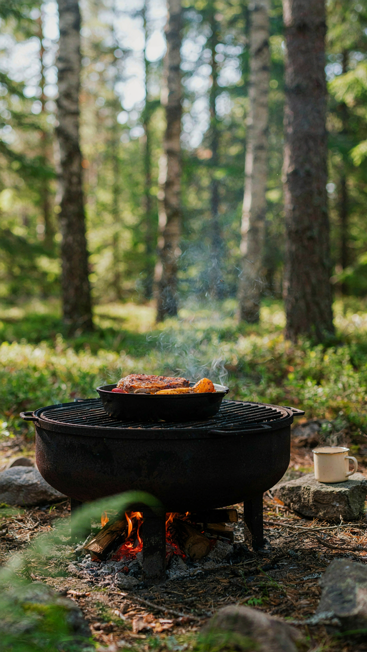 A small, efficient fire burns in a metal fire pit, cooking a meal on a grate.