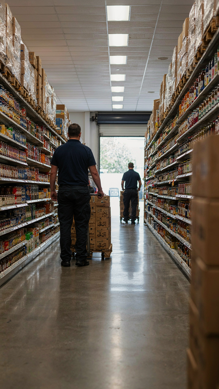 A store worker stocks shelves from the back, using first in first out method.