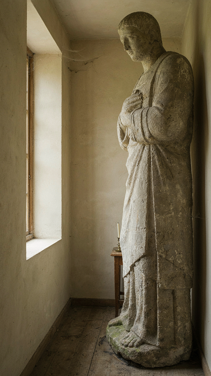 A large, heavy stone statue taking up most of a small room.