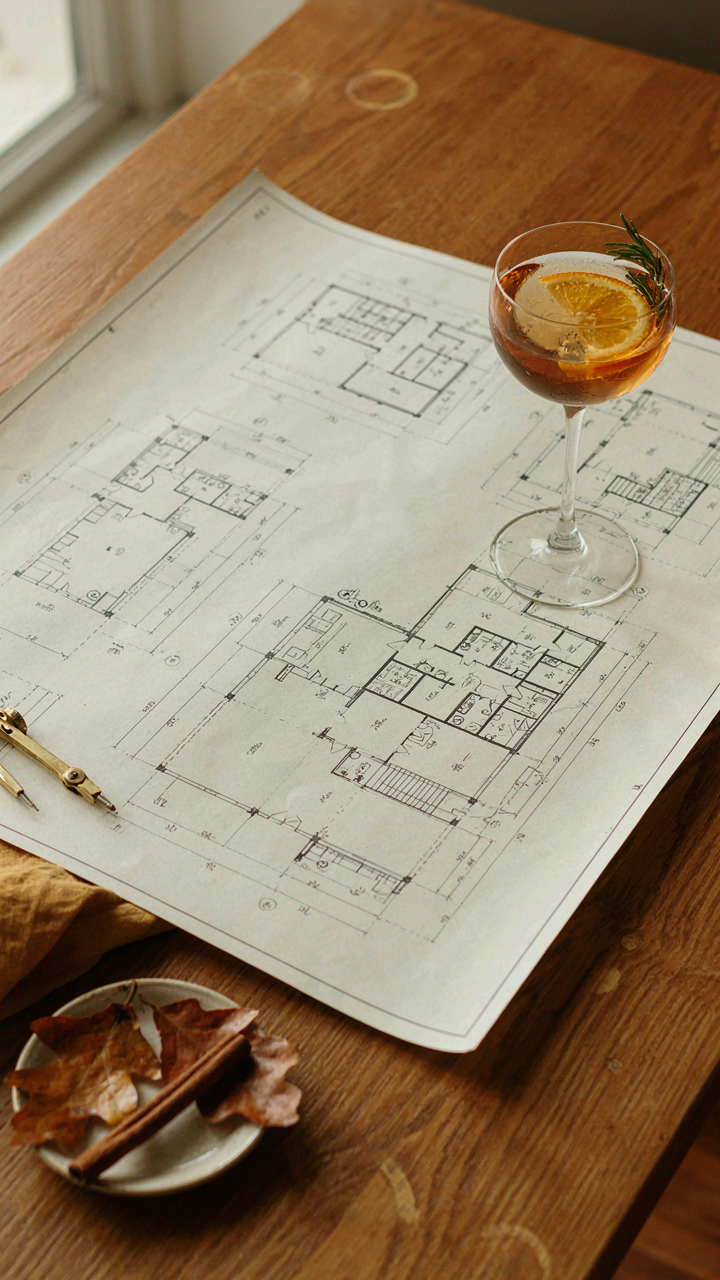 An elegant fall mocktail glass sits on a detailed architectural blueprint.