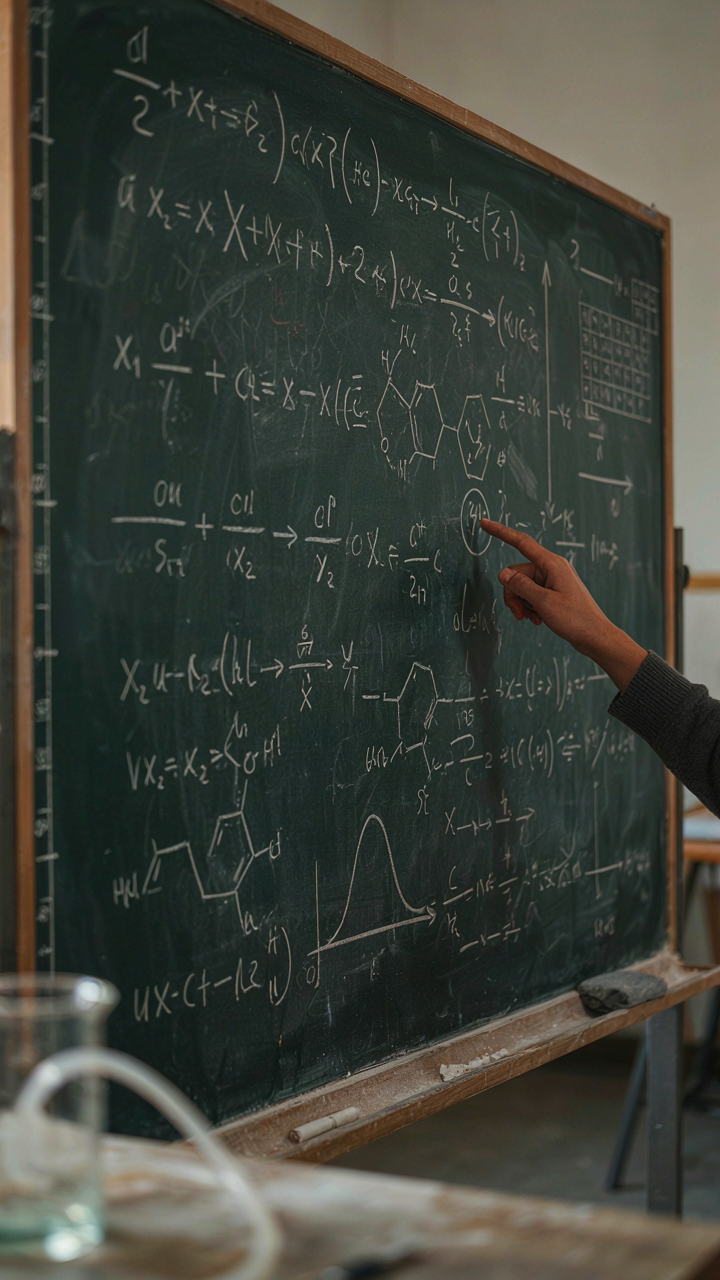 A blackboard with chemical equations, showing the precise balance of taste.