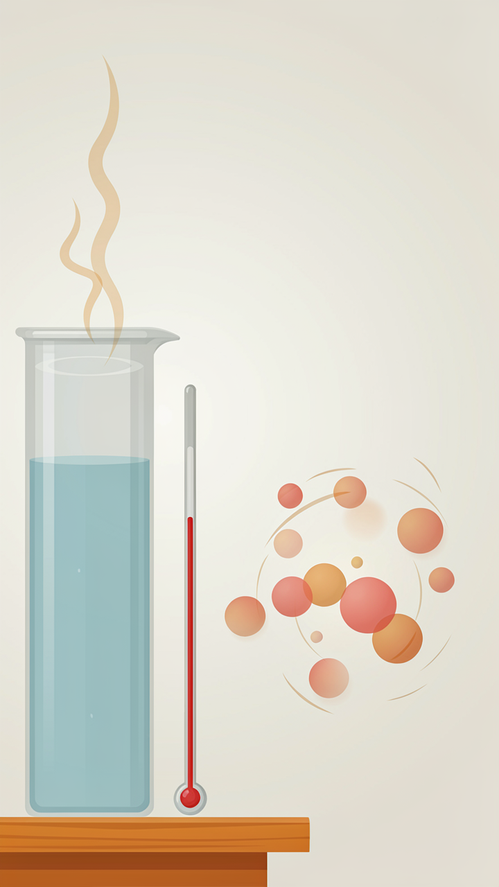 A scientific diagram of heat transfer in a liquid, with a thermometer.