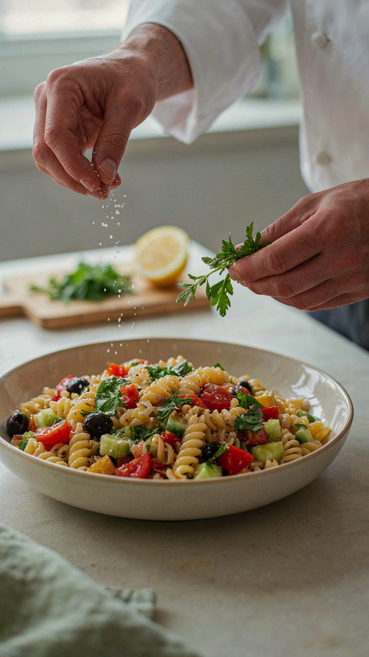 A person sprinkles salt and herbs over a large pasta salad.