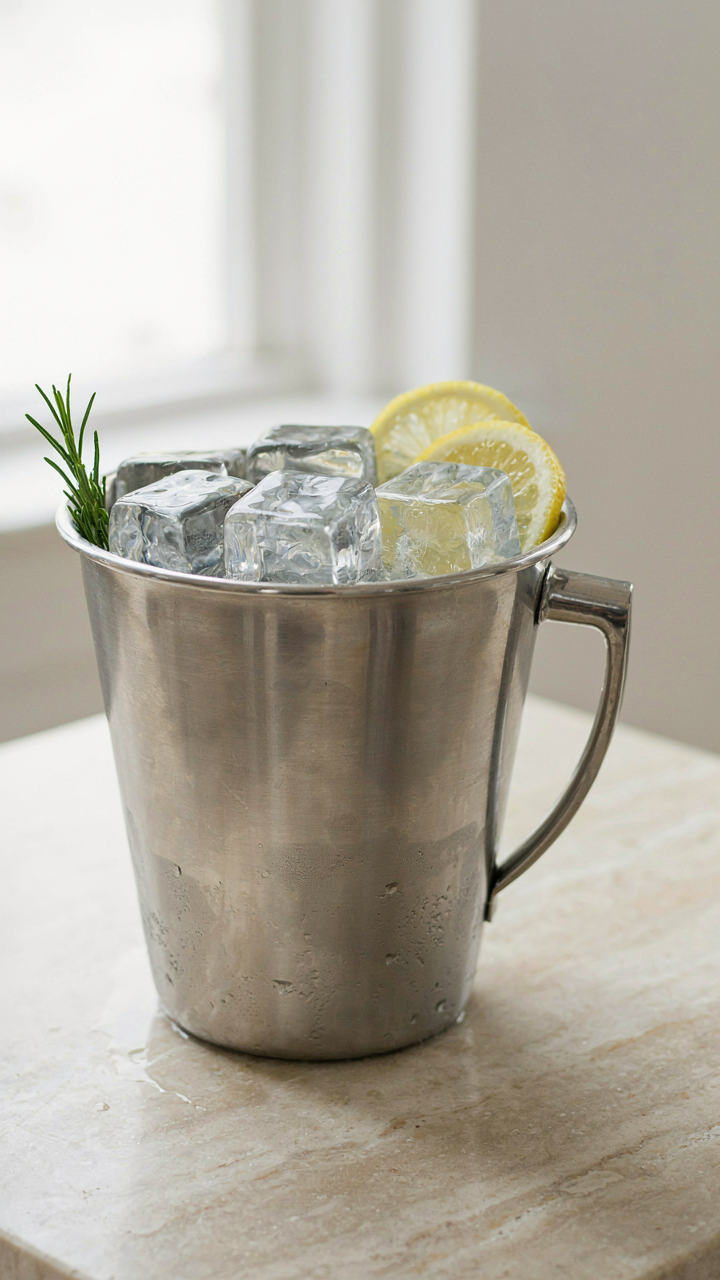 Perfect decorative ice cubes sit in an insulated bucket.