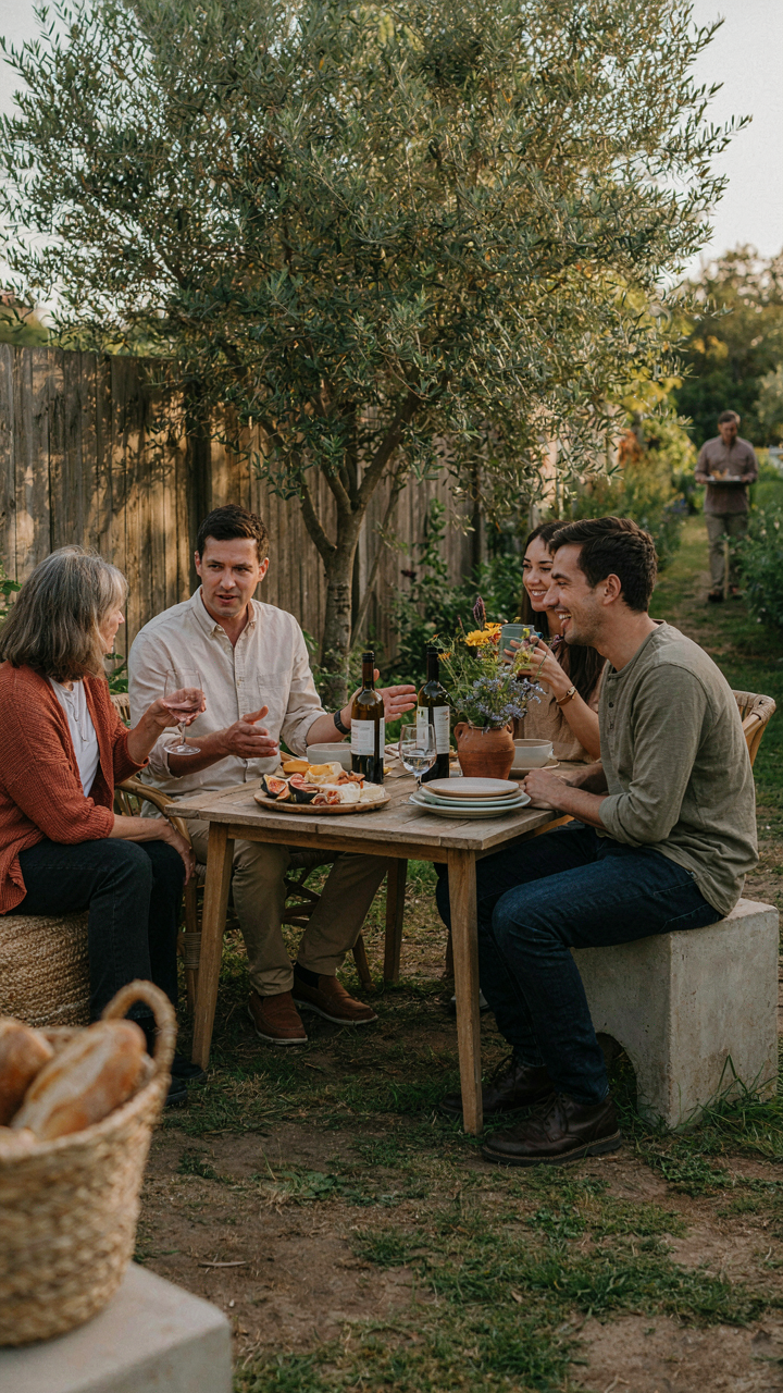 A relaxed host enjoying a conversation with guests outdoors.