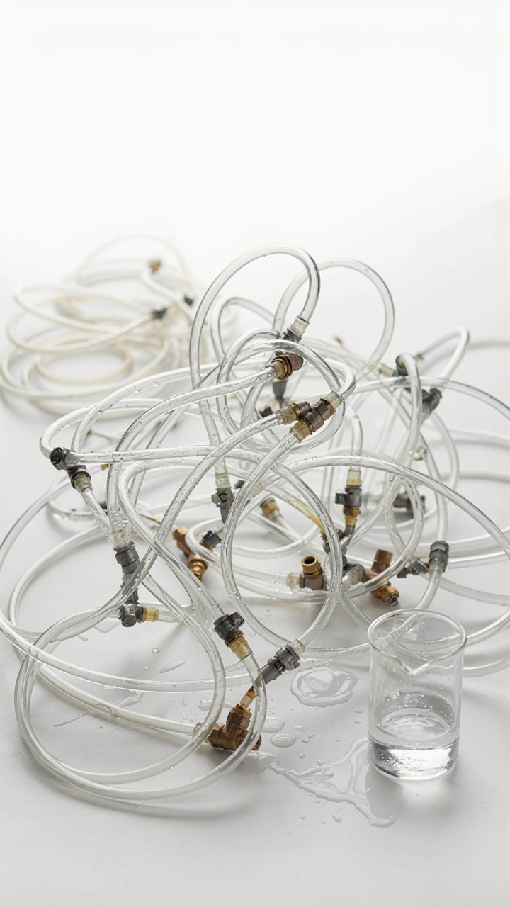 A complex network of clear tubes and valves shows fluid draining.