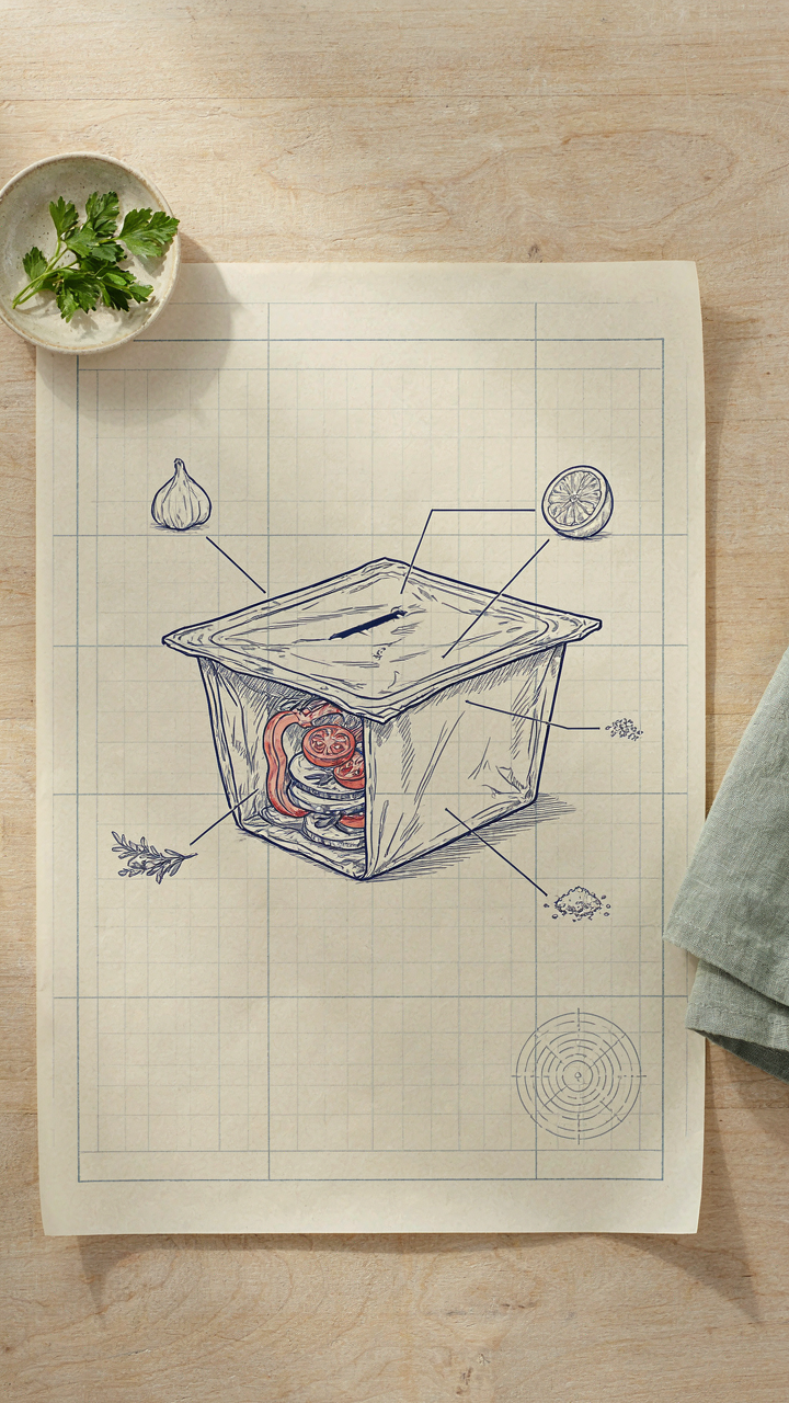 A detailed blueprint shows how to make a simple foil packet meal.