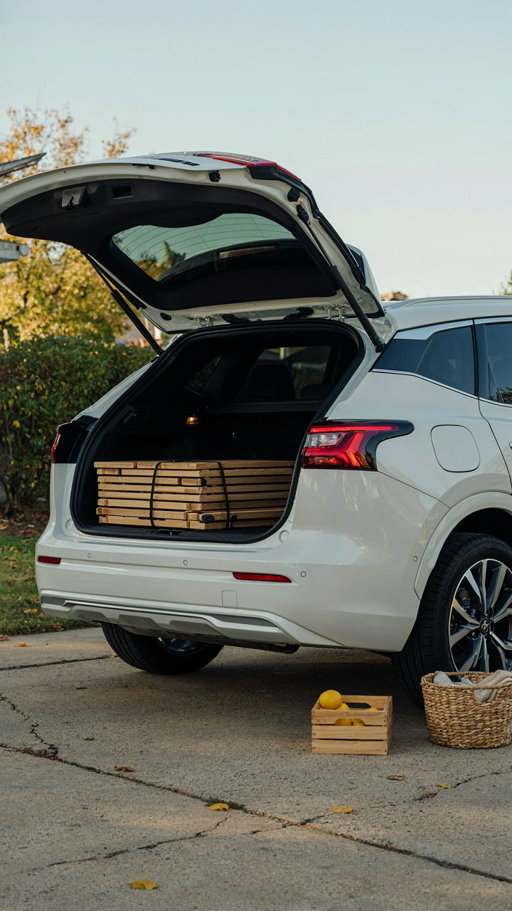A folded low table picnic table slides into a car's trunk.