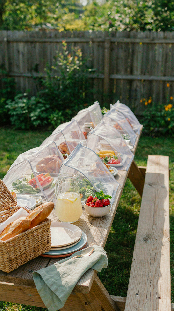 A picnic table holds food covered by mesh tents and lids.