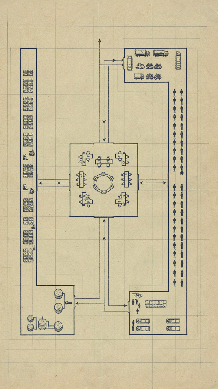 An overhead blueprint shows an efficient military logistics command center.
