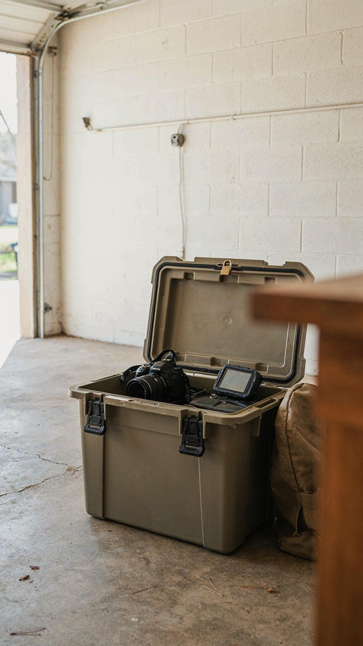 A single, secure camping storage bin holds valuable gear in a garage.