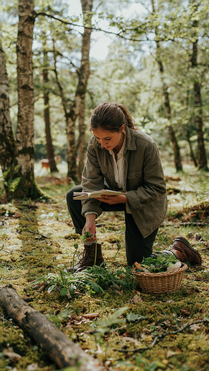 A person identifies edible plants in a forest with a field guide.