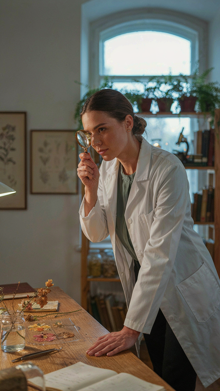 A botanist in a lab coat closely examines different types of flowers with a magnifying glass.