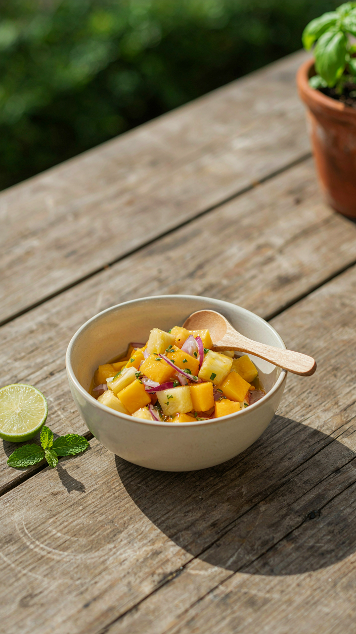Fresh fruit salsa sits in a sturdy bowl on a sunny picnic table.