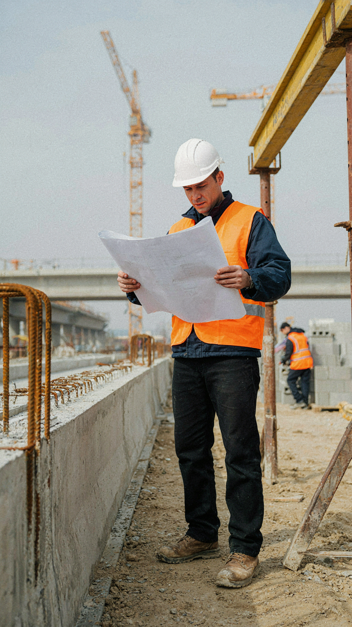 A civil engineer on a construction site reviews blueprints for a bridge.